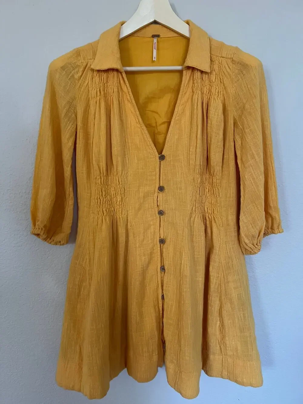 Free People Mini Dress Yellow 100% Cotton Size XS Pockets